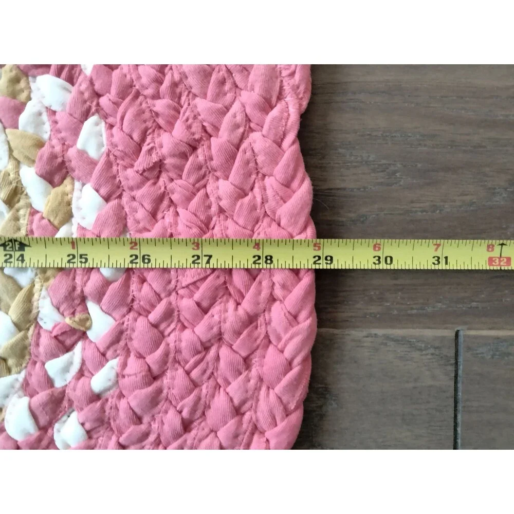 Braided Rag Rug Oval 22.5 x 29 Coral Pink Yellow Gold White